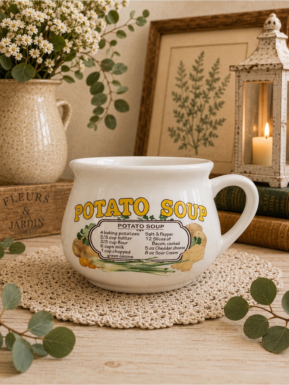 Potato Soup Ceramic Soup Mug - White with Yellow Graphics